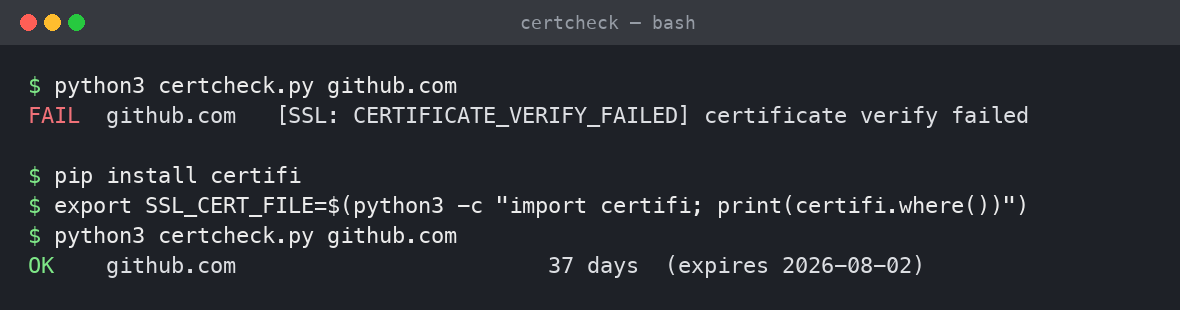 the same command failing with CERTIFICATE_VERIFY_FAILED, then passing after installing certifi and setting SSL_CERT_FILE