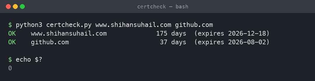 certcheck reporting both hosts as OK, then echo $? printing 0